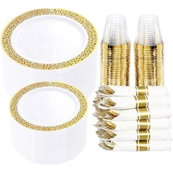 350 Pieces Gold Plastic Dinnerware,Disposable Gold Lace Plates - Picture 7 of 7